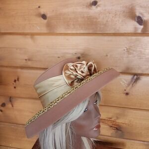 S.O.G.I.C. Wide Brim Hat Kentucky Derby Church Tea Party Felt Satin Bead Flower